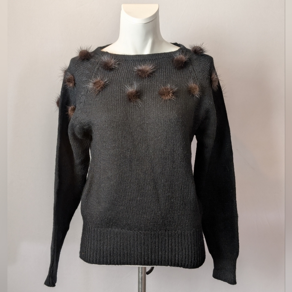 Elegant Sunbow 2 Vintage Black Sweater with Mink Fur Ball Accents Size Medium